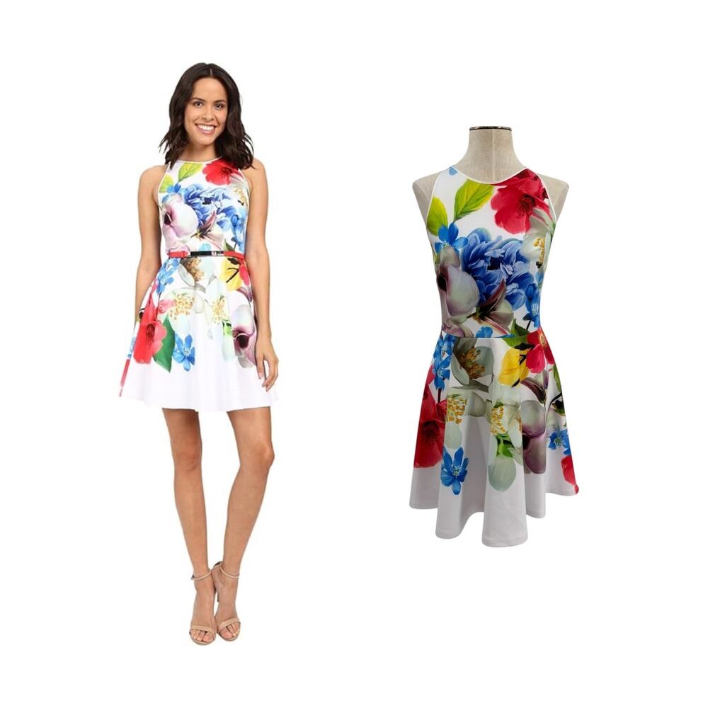 Ted Baker Secil White Floral Scuba Skater Dress Sleeveless Fit Flare Size 2 US 6